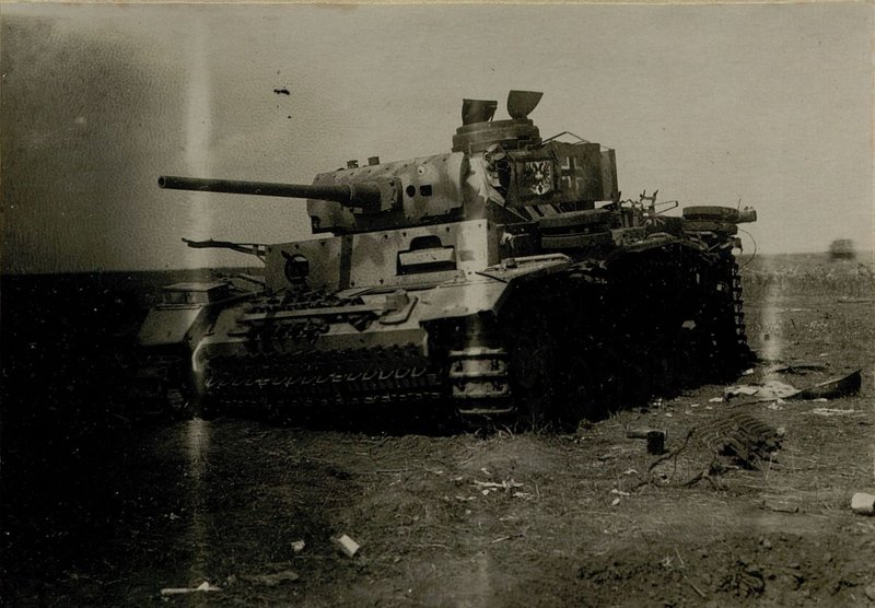 Image: German medium tank knocked out by direct fire from 3 battery of 872 Howitzer artillery regiment from a distance of 550 m