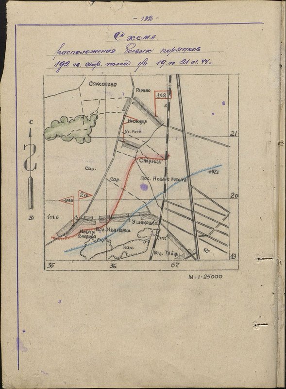 Original image: The layout of the combat formations of the 192 guards rifle regiment at 19.00 21.01.44.