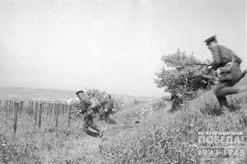 Бойцы морской пехоты во время атаки на подступах к г. Севастополю. Крым, 1944 г.