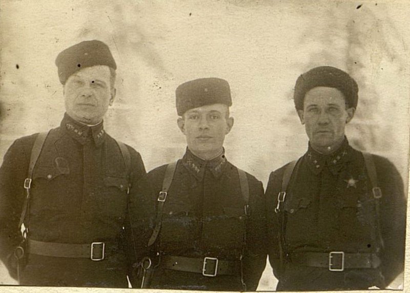 Image: Regimental battery commanders: senior lieutenant Kovbasenko, senior political instructor Ilminsky, senior lieutenant Alekseev